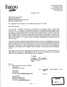 CapX - Fargo Mayor Dennis Walaker letter to ND Public Service Commission January 9th, 2012